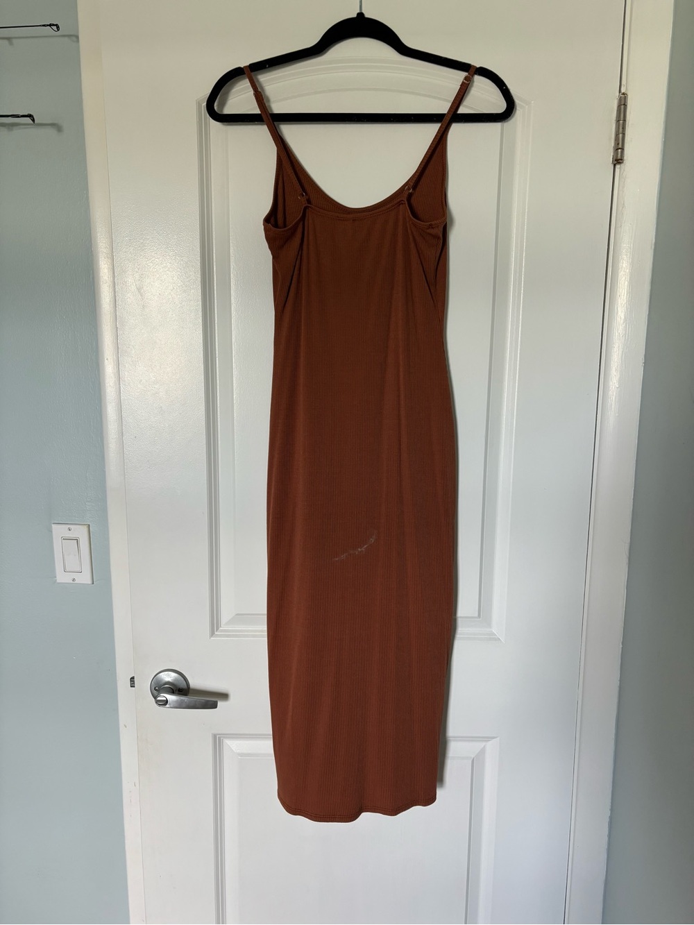 Francesca's Collections Rust-Brown Midi Button-Front Spaghetti Strap Dress - Picture 2 of 5